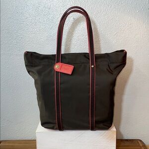 Kate Spade Nylon Tote Bag Brown Red Lined Zip Top Shoulder Purse Designer
